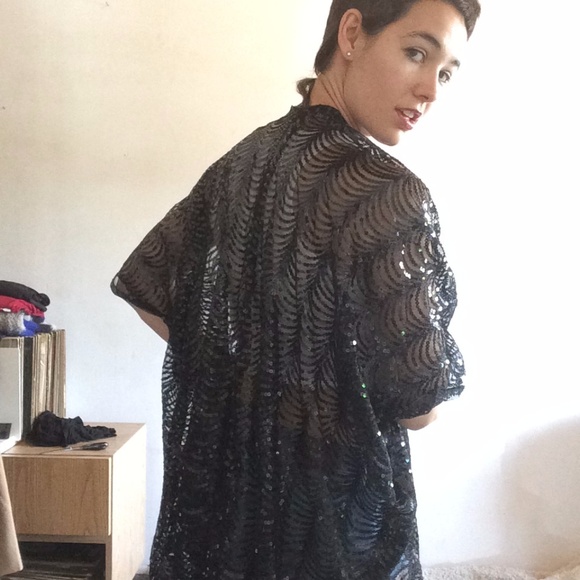 Amazing Vintage Black Sequin Kimono Jacket OS - Picture 4 of 4